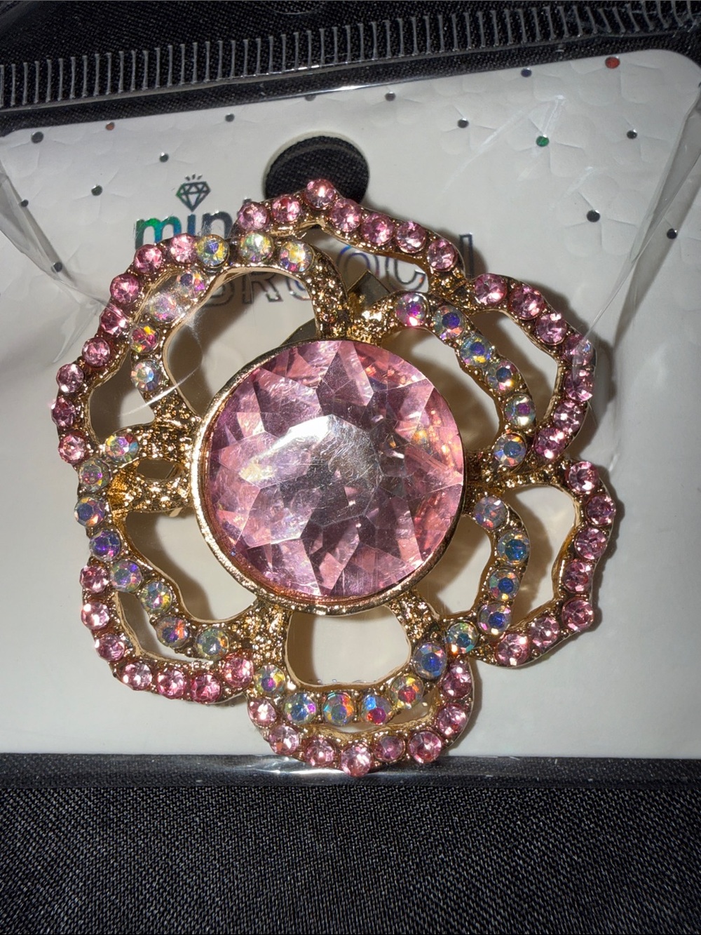 Gold-Tone Pink Crystal Floral Brooch with Iridescent Accents